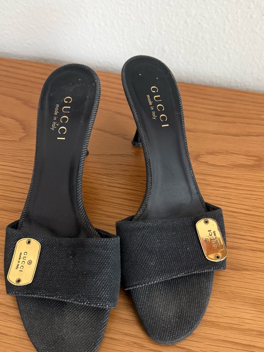 Gucci Black Fabric Slide Heels with Gold Logo Plaques